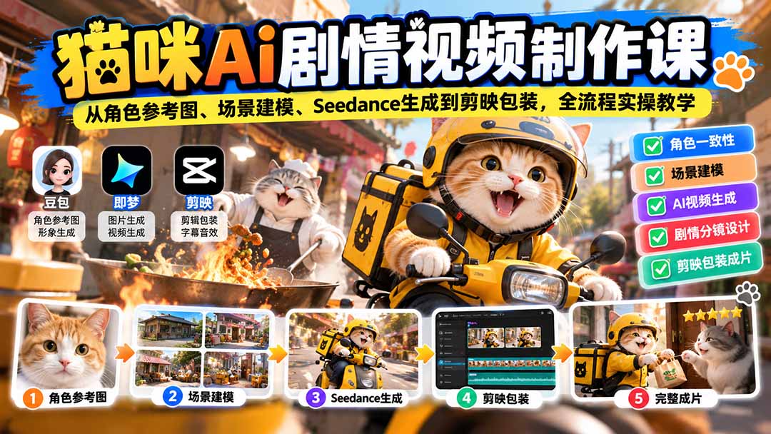 猫咪AI剧情视频制作课：从角色参考图、场景建模、Seedance生成到剪映包装，全流程实操教学-只做优质可落地项目