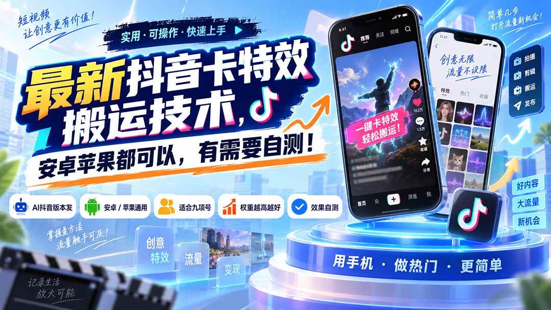（20606期）最新抖音卡特效搬运技术，安卓苹果都可以，有需要自测！-只做优质可落地项目