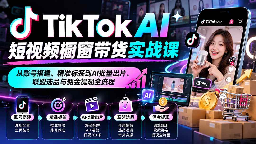 (20725期)TikTok AI短视频橱窗带货实战课:从账号搭建、精准标签到AI批量出片、联盟选品与佣金提现全流程-只做优质可落地项目