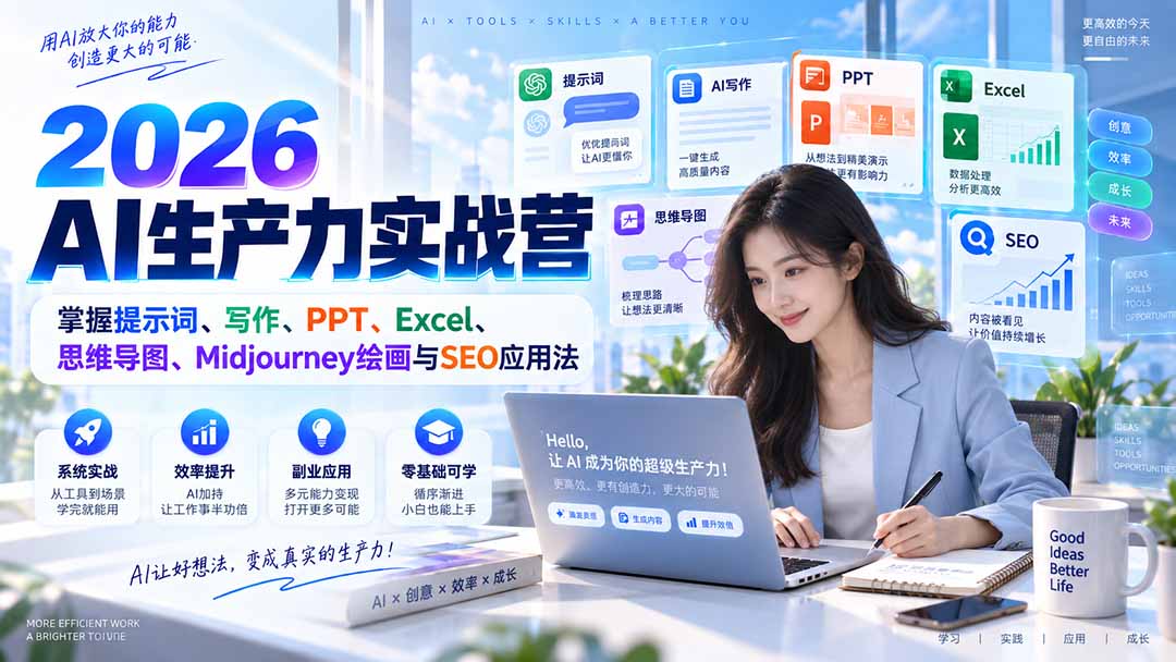 2026AI生产力实战营：掌握提示词、写作、PPT、Excel、思维导图、Midjourney绘画与SEO应用法-只做优质可落地项目