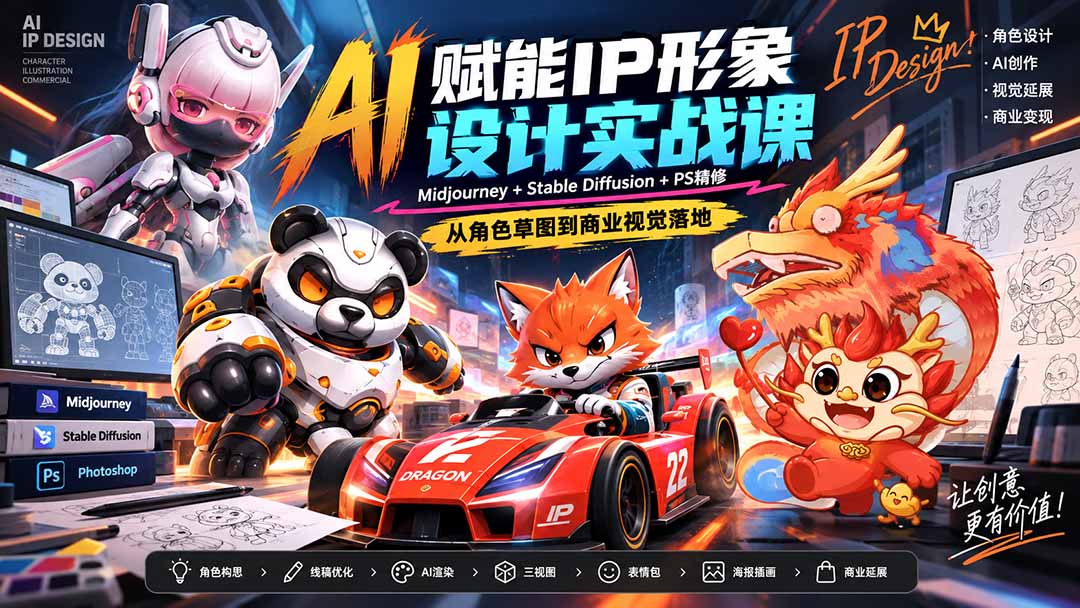 AI赋能IP形象设计实战课-无水印：Midjourney+Stable Diffusion+PS精修，从角色草图到商业视觉落地-只做优质可落地项目