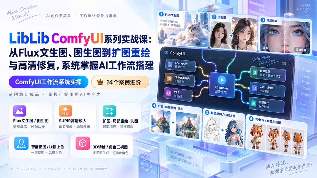 LibLib ComfyUI系列实战课：从Flux文生图、图生图到扩图重绘与高清修复，系统掌握AI工作流搭建-只做优质可落地项目