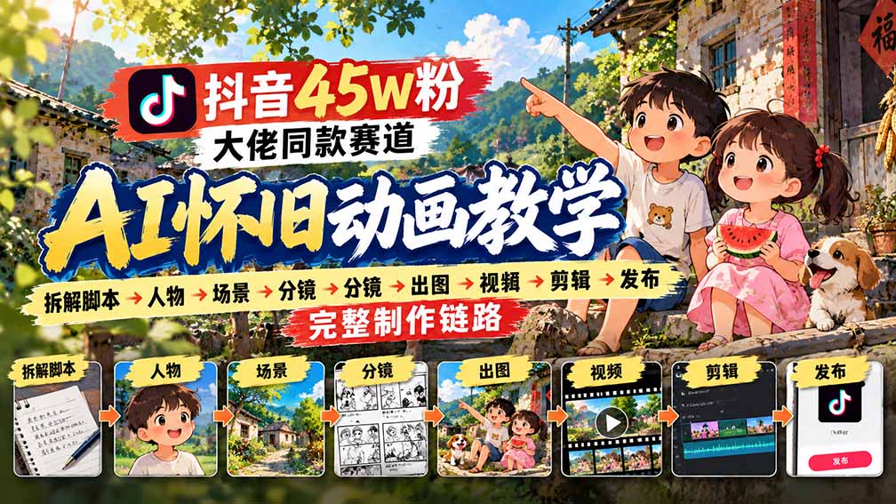 抖音45W粉大佬同款赛道AI怀旧动画教学：拆解脚本→人物→场景→分镜→出图→视频→剪辑→发布完整制作链路-只做优质可落地项目