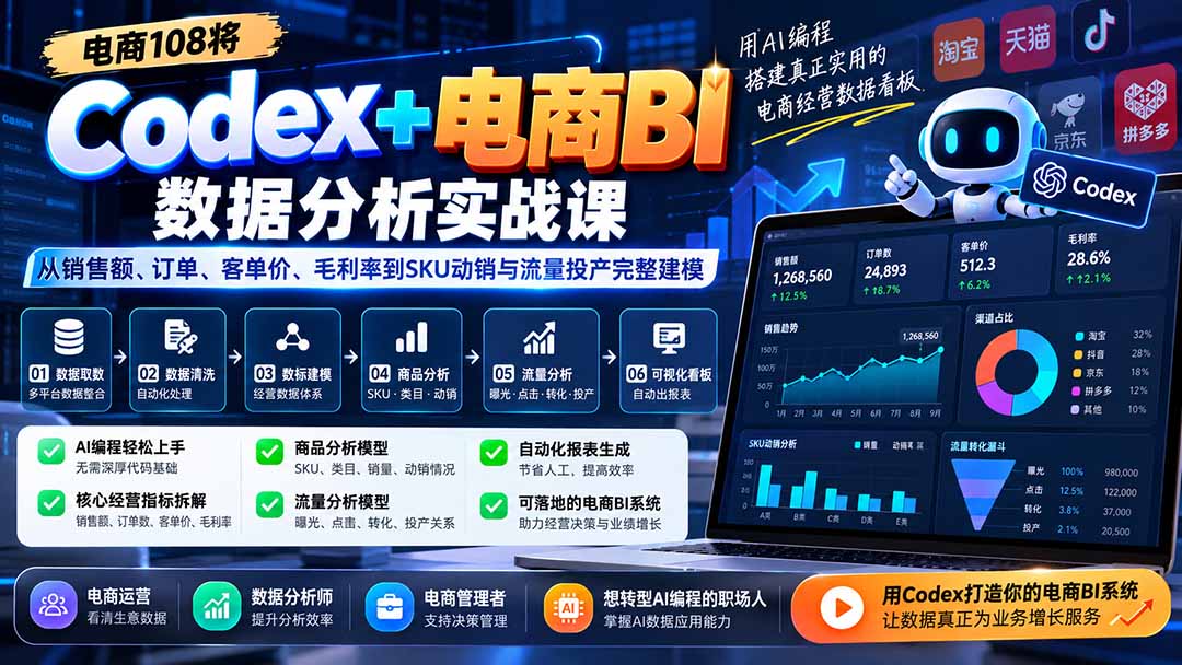 Codex+电商BI数据分析实战课-更新:从销售额、订单、客单价、毛利率到SKU动销与流量投产完整建模-只做优质可落地项目