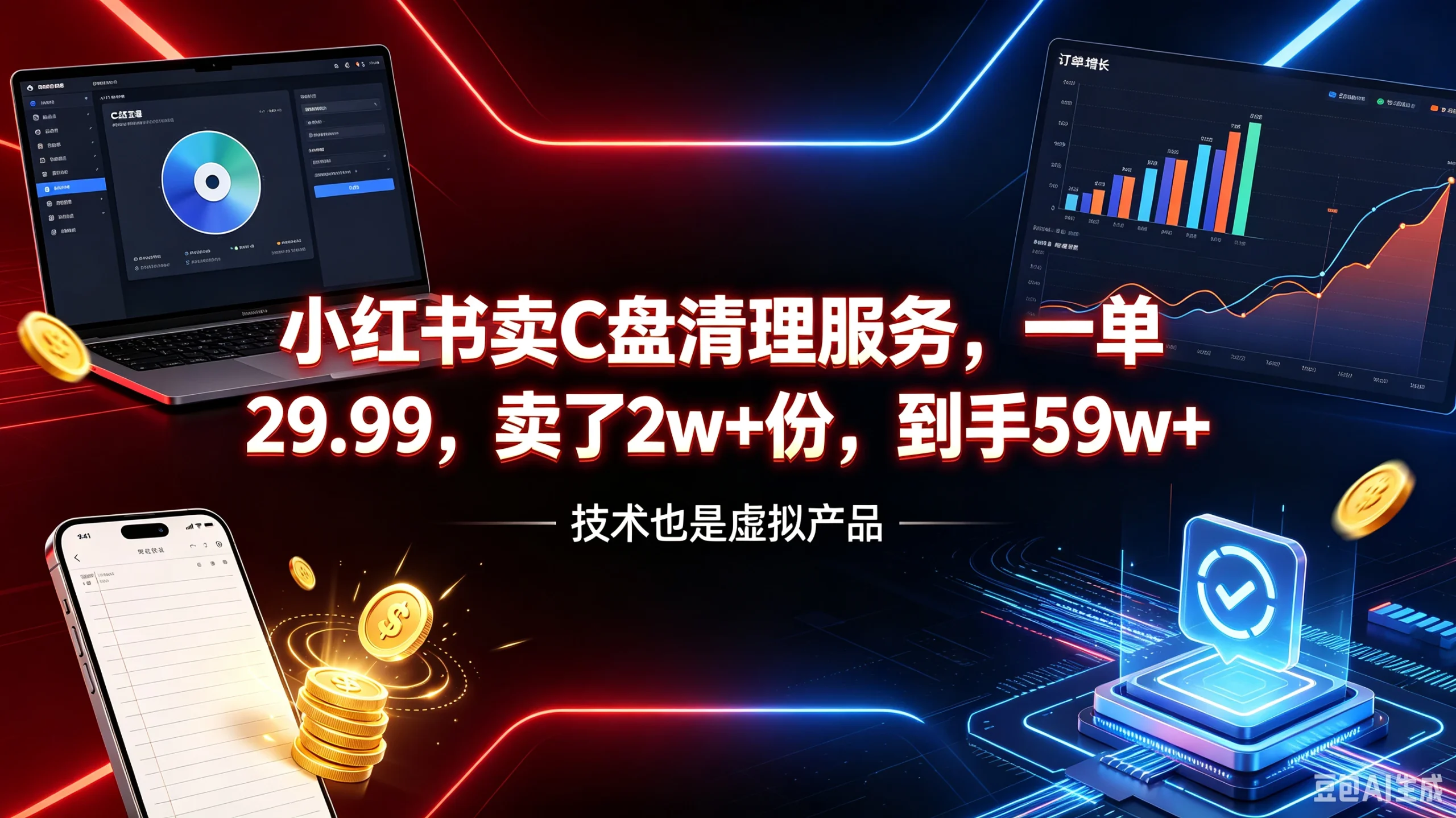 【精】小红书卖C盘清理服务,一单29.99,卖了2w+份,到手59w+,技术也是虚拟产品-只做优质可落地项目