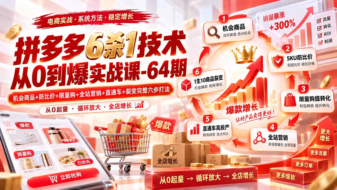 拼多多6杀1技术从0到爆实战课-64期：机会商品+防比价+限量购+全站营销+直通车+裂变完整六步打法-只做优质可落地项目