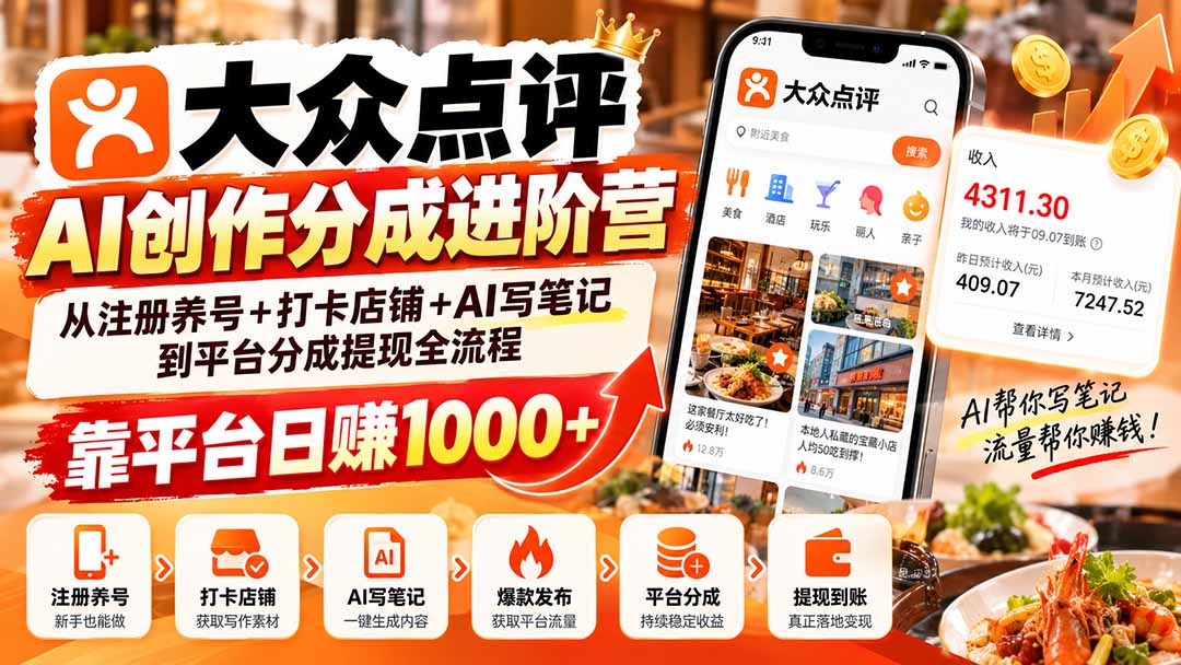 大众点评AI创作分成进阶营:从注册养号+打卡店铺+AI写笔记到平台分成提现全流程,靠平台日赚1000+-只做优质可落地项目