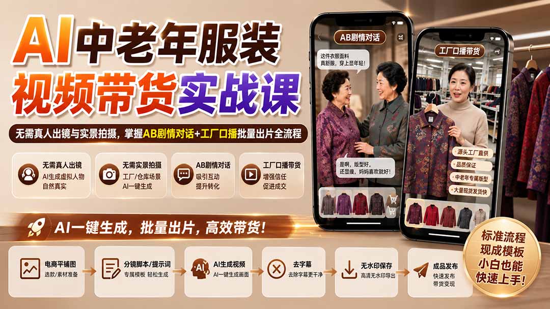 AI中老年服装视频带货实战课：无需真人出镜与实景拍摄，掌握AB剧情对话+工厂口播批量出片全流程-只做优质可落地项目
