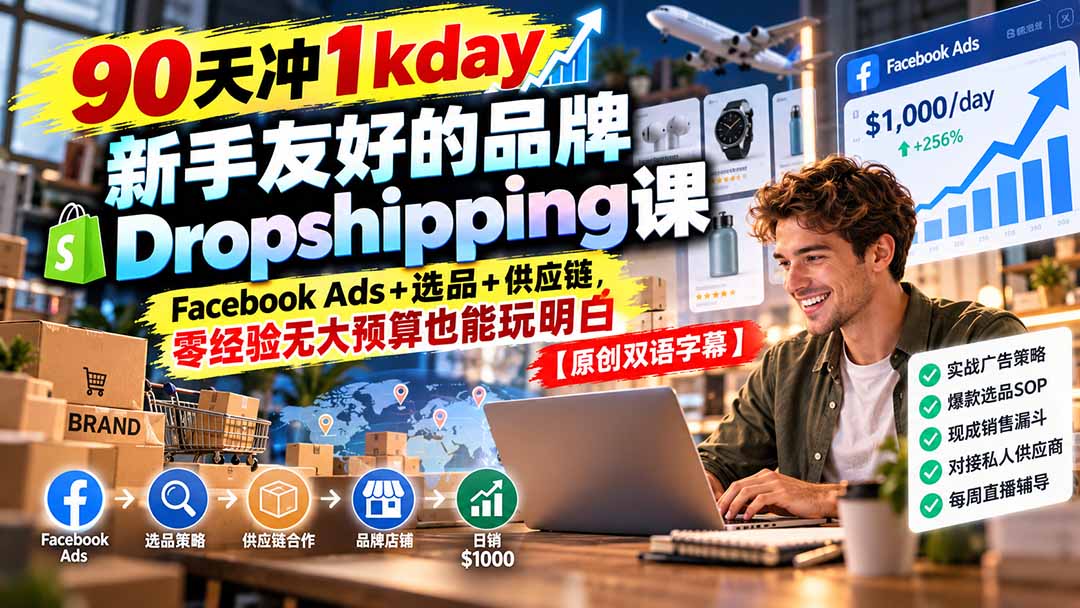 90天冲1kday 新手友好的品牌Dropshipping课：Facebook Ads+选品+供应链，零经验无大预算也能玩明白【原创双语字幕】-只做优质可落地项目