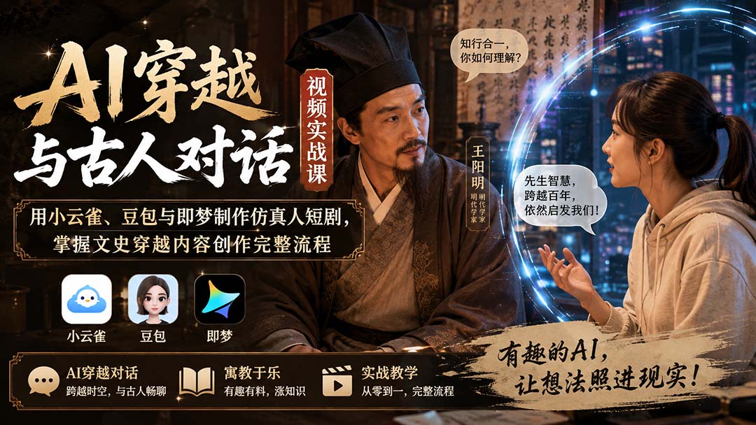 AI穿越与古人对话视频实战课：用小云雀、豆包与即梦制作仿真人短剧，掌握文史穿越内容创作完整流程-只做优质可落地项目