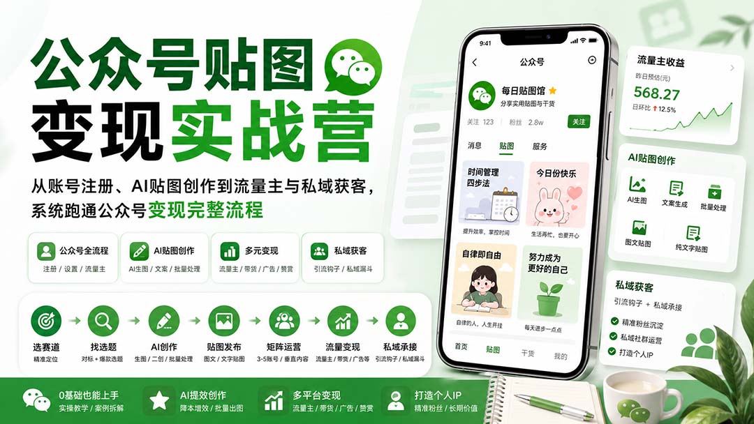 公众号贴图变现实战营：从账号注册、AI贴图创作到流量主与私域获客，系统跑通公众号变现完整流程-只做优质可落地项目
