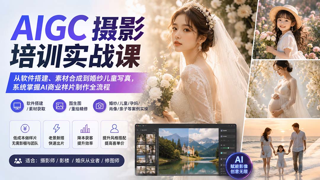 AIGC摄影培训实战课：从软件搭建、素材合成到婚纱儿童写真，系统掌握AI商业样片制作全流程-只做优质可落地项目