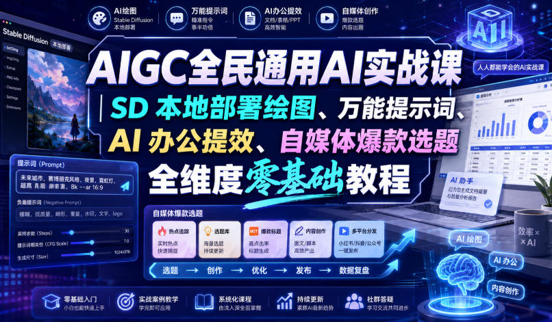 【精】AIGC全民通用AI实战课|SD本地部署绘图、万能提示词、AI办公提效、自媒体爆款选题全维度零基础教程-只做优质可落地项目
