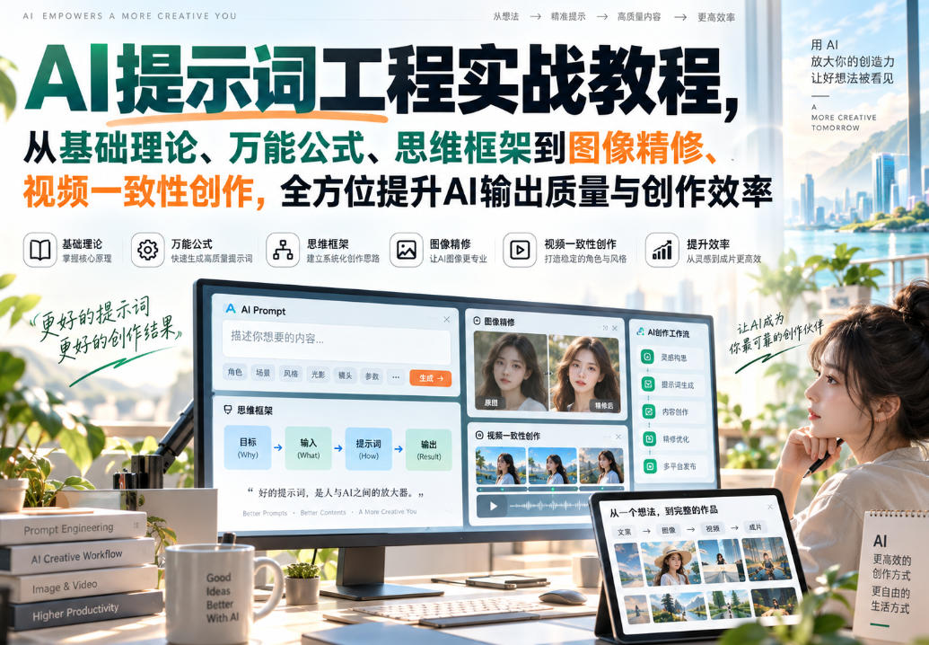 【精】AI提示词工程实战教程,从基础理论、万能公式、思维框架到图像精修、视频一致性创作,全方位提升AI输出质量与创作效率-只做优质可落地项目