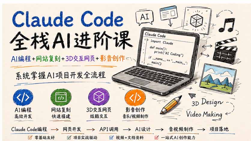Claude Code全栈AI进阶课-更新；AI编程+网站复刻+3D交互网页+影音创作，系统掌握AI项目开发全流程-只做优质可落地项目
