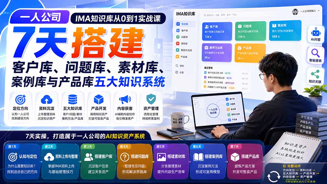 一人公司IMA知识库从0到1实战课：7天搭建客户库、问题库、素材库、案例库与产品库五大知识系统-只做优质可落地项目