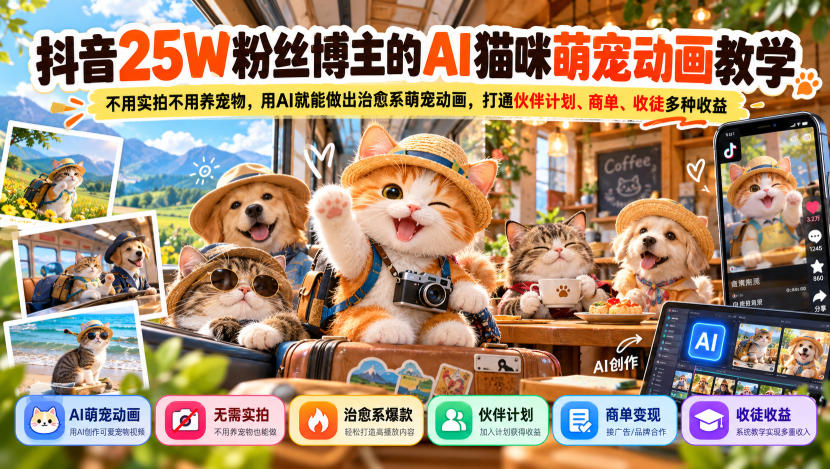 抖音25W粉丝博主的AI猫咪萌宠动画教学，不用实拍不用养宠物，用AI就能做出治愈系萌宠动画，打通伙伴计划、商单、收徒多种收益-只做优质可落地项目