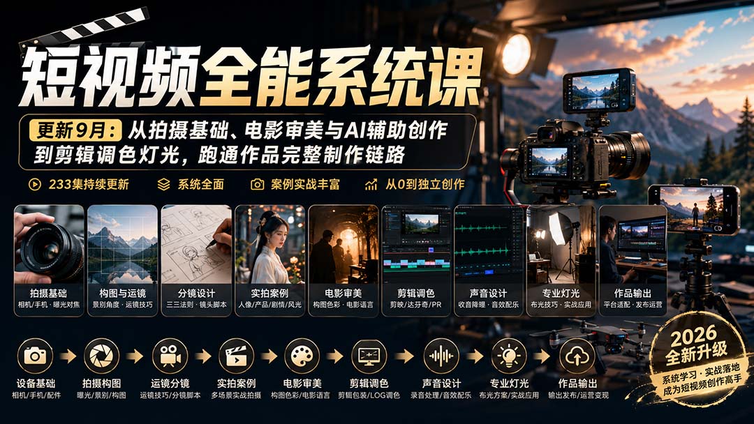 短视频全能系统课-9月完整版：从拍摄基础、电影审美与AI辅助创作到剪辑调色灯光，跑通作品完整制作链路-只做优质可落地项目