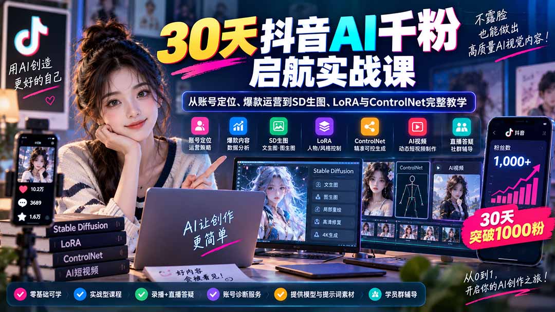 30天抖音AI千粉启航实战课：从账号定位、爆款运营到SD生图、LoRA与ControlNet完整教学-只做优质可落地项目