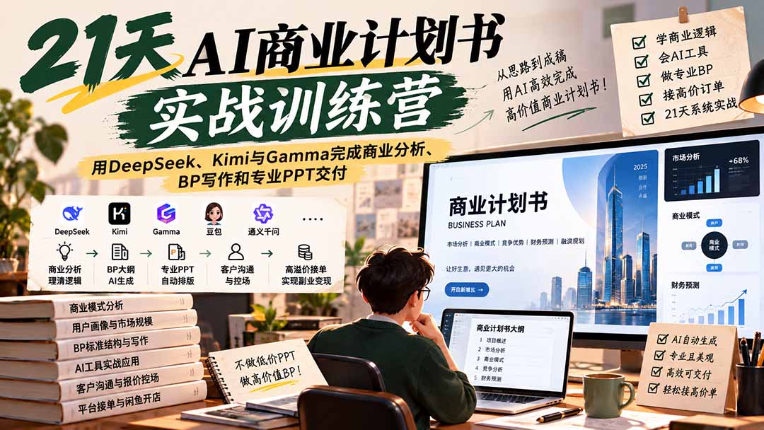 【无水印】21天AI商业计划书实战训练营：用DeepSeek、Kimi与Gamma完成商业分析、BP写作和专业PPT交付-只做优质可落地项目