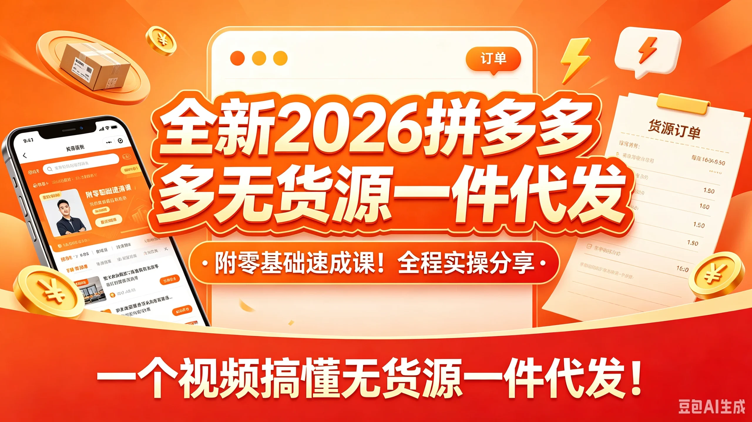 【精】全新2026拼多多无货源一件代发,附零基础速成课!全程实操分享,一个视频搞懂无货源一件代发!-只做优质可落地项目