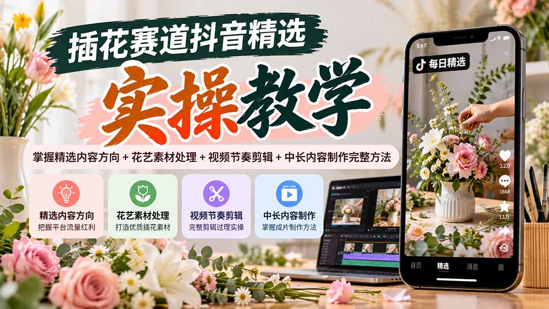 插花赛道抖音精选实操教学:掌握精选内容方向+花艺素材处理+视频节奏剪辑+中长内容制作完整方法-只做优质可落地项目