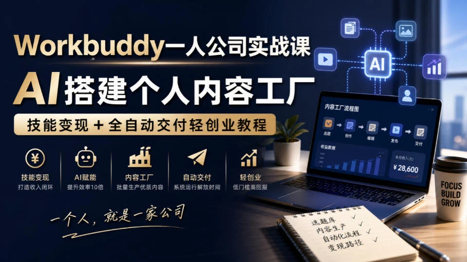 【精】Workbuddy一人公司实战课,AI搭建个人内容工厂,技能变现+全自动交付轻创业教程-只做优质可落地项目