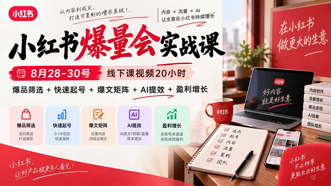 小红书爆量会实战课-更新9月17：线下课视频20小时，爆品筛选+快速起号+爆文矩阵+AI提效+盈利增长-只做优质可落地项目