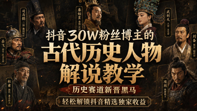 抖音30W粉丝博主的古代历史人物解说教学,历史赛道新晋黑马,轻松解锁抖音精选独家收益-只做优质可落地项目