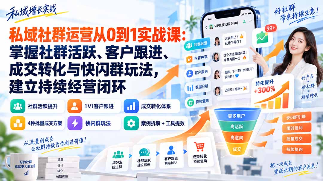 私域社群运营从0到1实战课：掌握社群活跃、客户跟进、成交转化与快闪群玩法，建立持续经营闭环-只做优质可落地项目