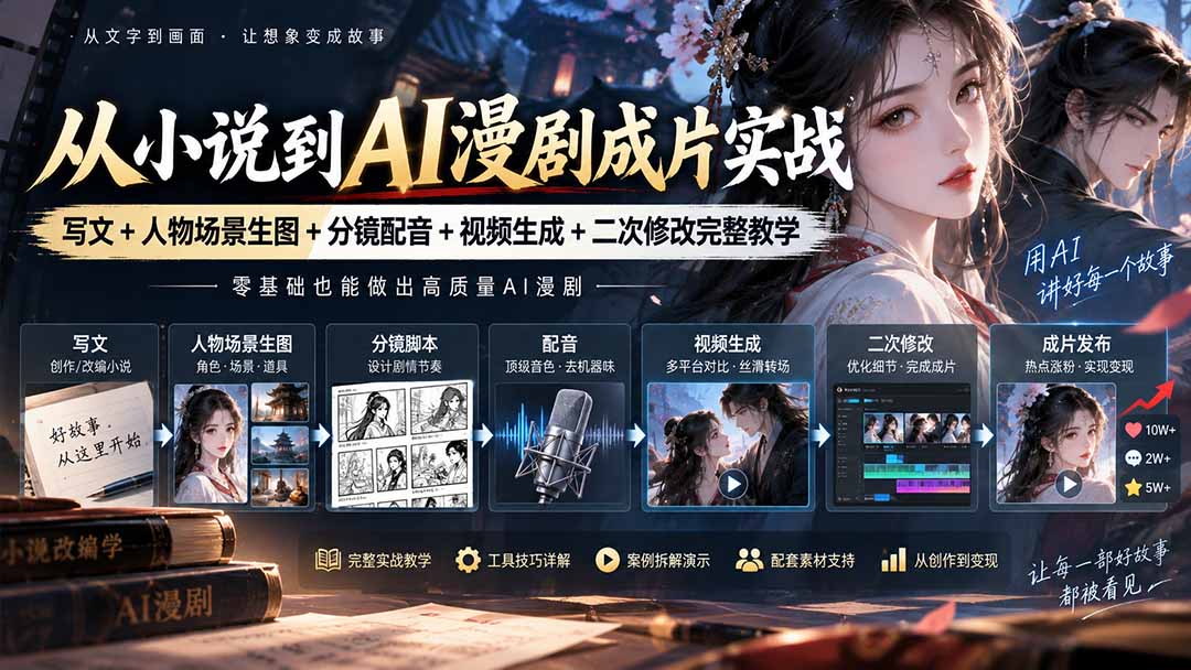 从小说到AI漫剧成片实战：写文+人物场景生图+分镜配音+视频生成+二次修改完整教学-只做优质可落地项目