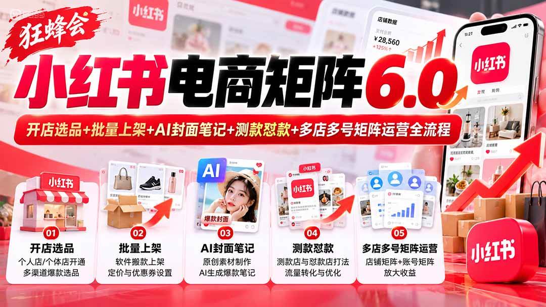 (20732期)【无水印】狂蜂会小红书电商矩阵6.0:开店选品+批量上架+AI封面笔记+测款怼款+多店多号矩阵运营全流程 (20732期)【无水印】狂蜂会小红书电商矩阵6.0:开店选品+批量上架+AI封面笔记+测款怼款+多店多号矩阵运营全流程