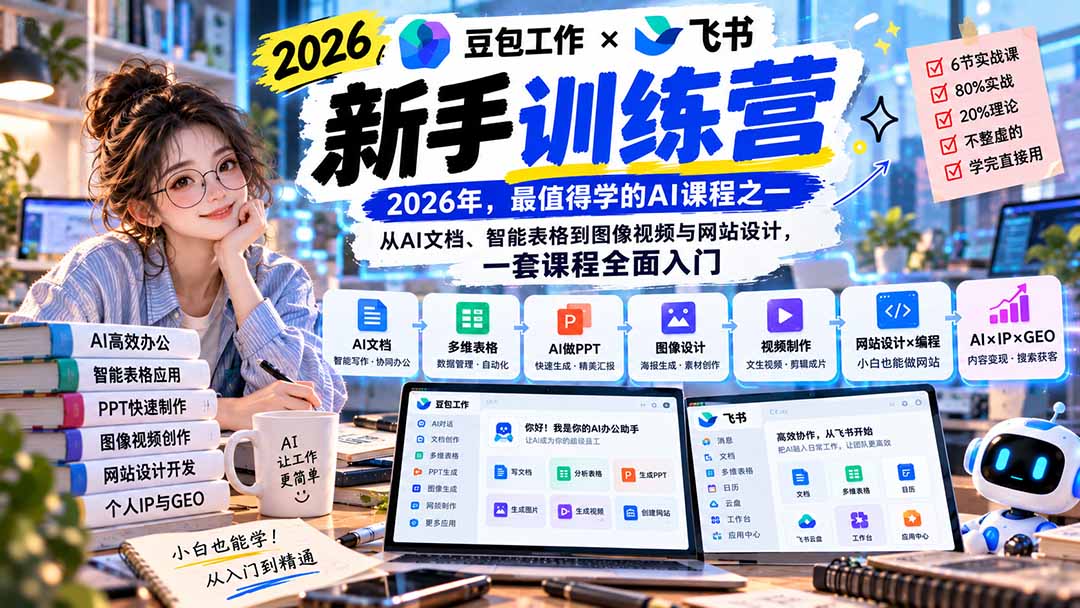 2026豆包工作+飞书新手训练营-9月新课：从AI文档、智能表格到图像视频与网站设计，一套课程全面入门-只做优质可落地项目