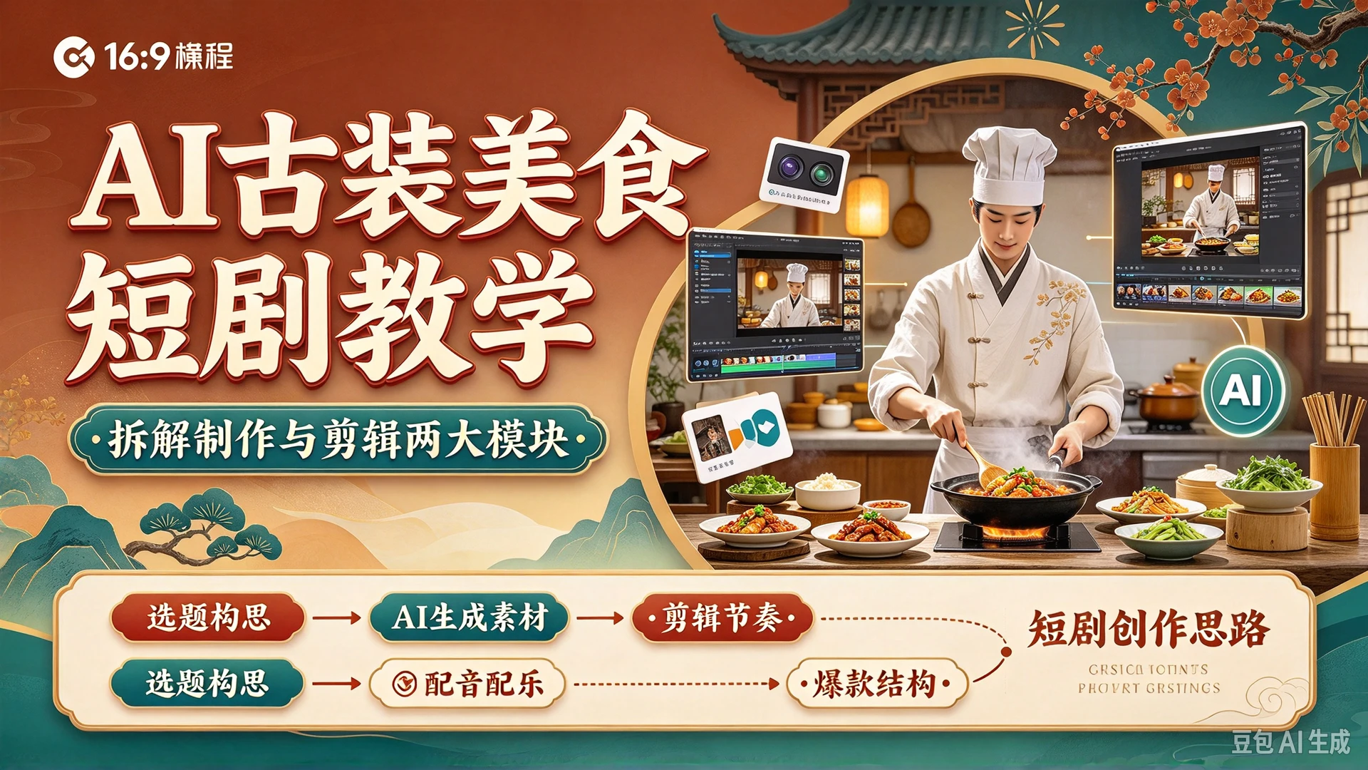 【精】AI古装美食短剧教学,拆解制作与剪辑两大模块,搭配思维导图梳理短剧创作思路-只做优质可落地项目