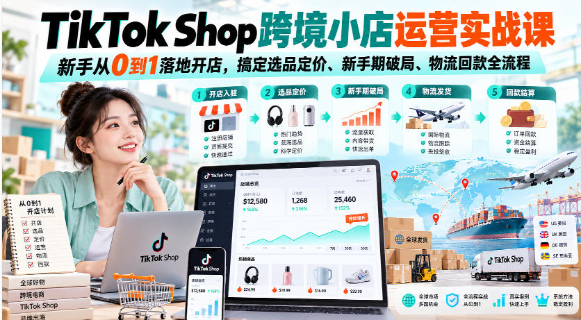 【精】TikTok Shop跨境小店运营实战课,新手从0到1落地开店,搞定选品定价、新手期破局、物流回款全流程-只做优质可落地项目