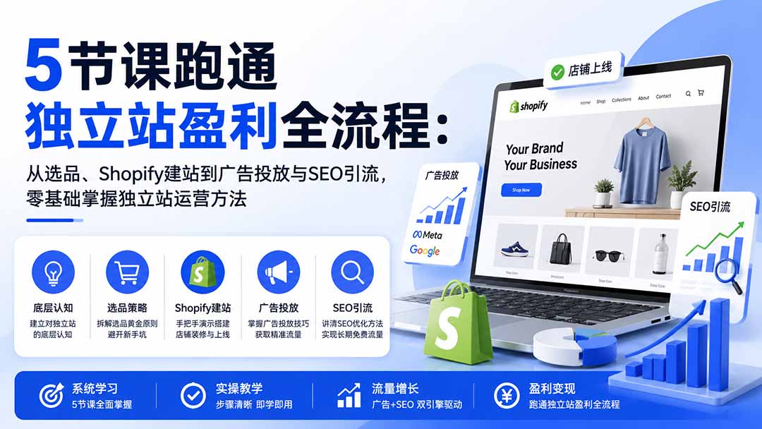 5节课跑通独立站盈利全流程:从选品、Shopify建站到广告投放与SEO引流,零基础掌握独立站运营方法-只做优质可落地项目