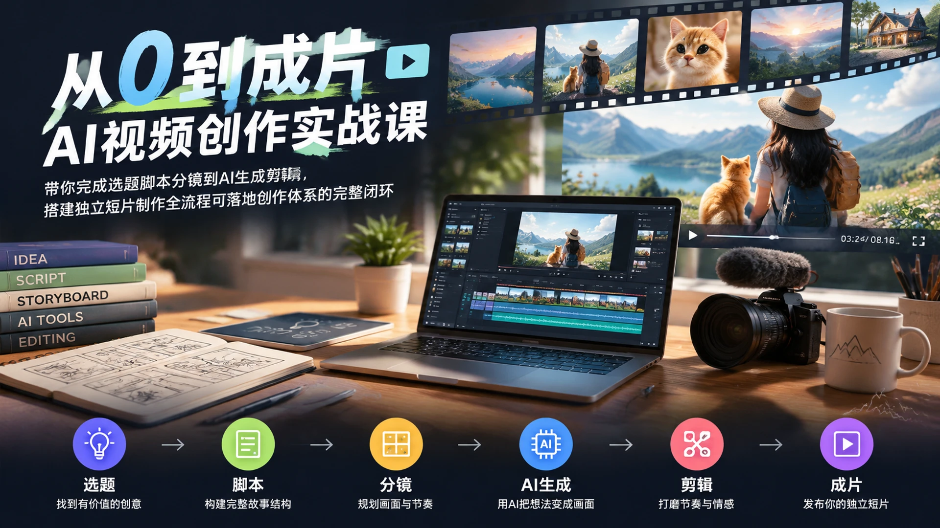 【精】从0到成片・AI视频创作实战课，带你完成选题脚本分镜到AI生成剪辑，搭建独立短片制作全流程可落地创作体系的完整闭环-只做优质可落地项目
