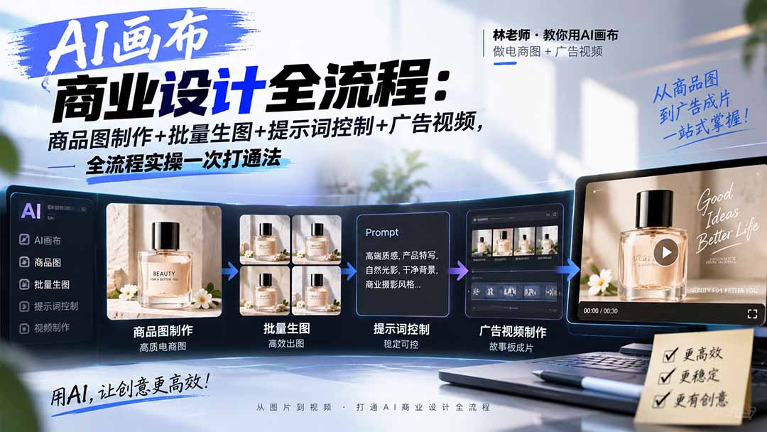 AI画布商业设计全流程：商品图制作+批量生图+提示词控制+广告视频，全流程实操一次打通法-只做优质可落地项目