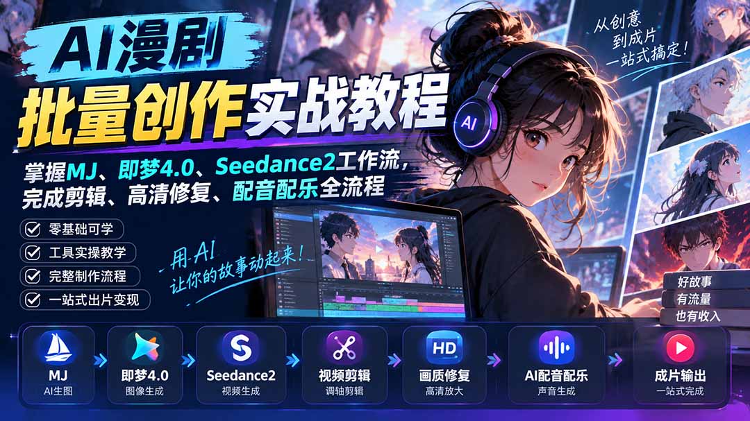 AI漫剧批量创作实战教程：掌握MJ、即梦4.0、Seedance2工作流，完成剪辑、高清修复、配音配乐全流程-只做优质可落地项目