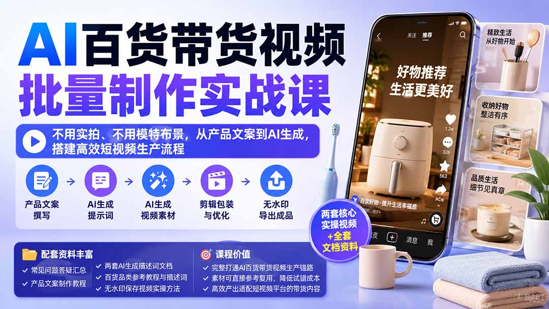 AI百货带货视频批量制作实战课：不用实拍、不用模特布景，从产品文案到AI生成，搭建高效短视频生产流程-只做优质可落地项目