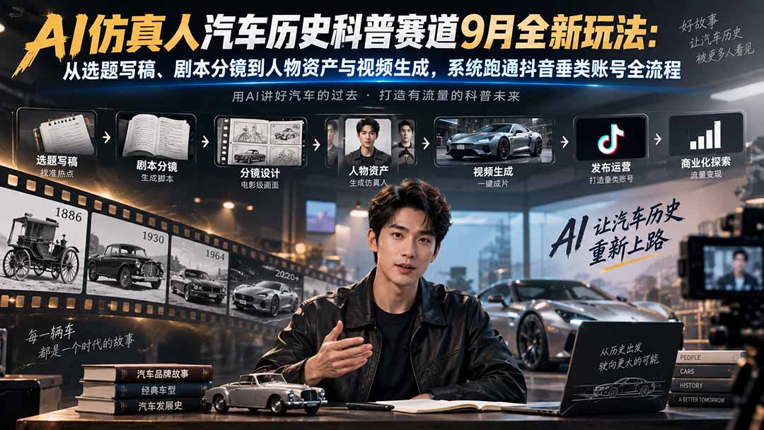 AI仿真人汽车历史科普赛道9月全新玩法：从选题写稿、剧本分镜到人物资产与视频生成，系统跑通抖音垂类账号全流程-只做优质可落地项目