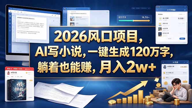 2026 风口项目，AI 写小说，一键生成 120 万字，躺着也能赚，月入 2w +-只做优质可落地项目