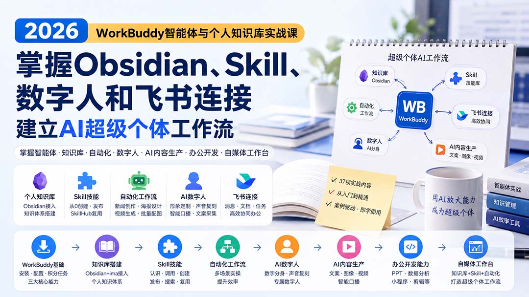 2026 WorkBuddy智能体与个人知识库实战课：掌握Obsidian、Skill、数字人和飞书连接，建立AI超级个体工作流-只做优质可落地项目