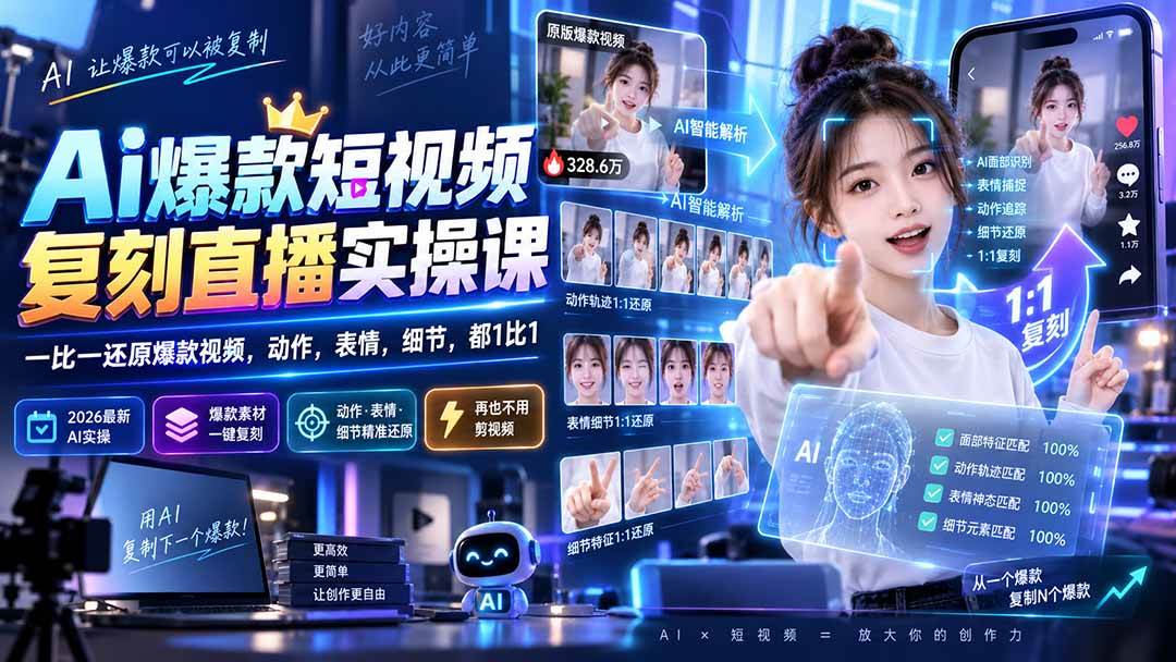 （20304期）最新Ai爆款短视频复刻直播实操课，一比一还原爆款视频，动作，表情，细节，都1比1-只做优质可落地项目