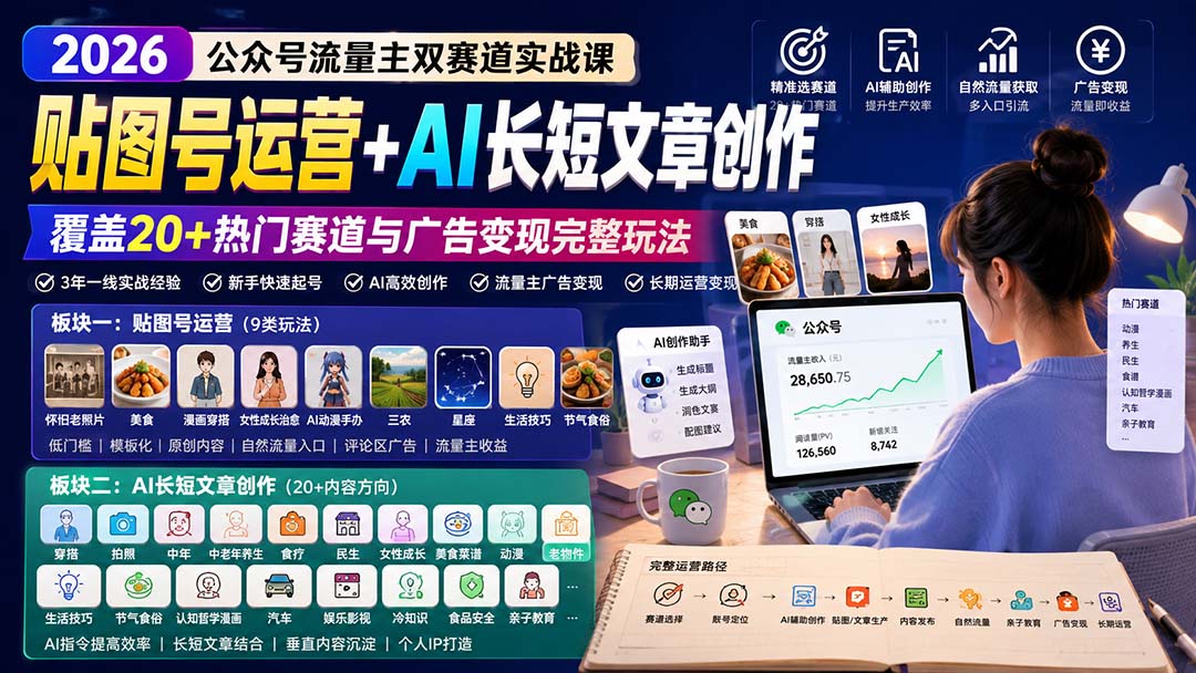公众号流量主双赛道实战课：贴图号运营+AI长短文章创作，覆盖20+热门赛道与广告变现完整玩法-只做优质可落地项目