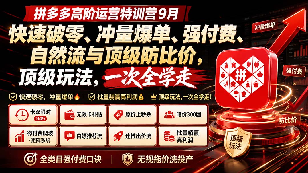 拼多多高阶运营特训营9月：快速破零、冲量爆单、强付费、自然流与顶级防比价， 顶级玩法，一次全学走-只做优质可落地项目