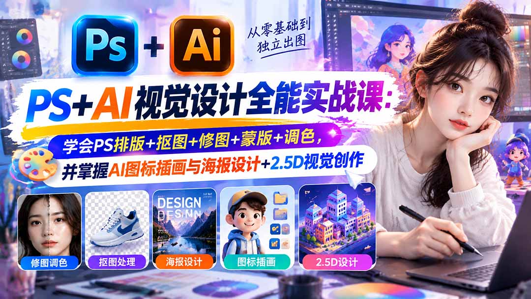 【无水印】PS+AI视觉设计全能实战课：学会PS排版+抠图+修图+蒙版+调色，并掌握AI图标插画与海报设计+2.5D视觉创作-只做优质可落地项目