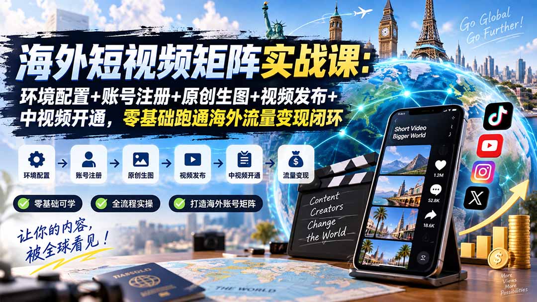 海外短视频矩阵实战课：环境配置+账号注册+原创生图+视频发布+中视频开通，零基础跑通海外流量变现闭环-只做优质可落地项目