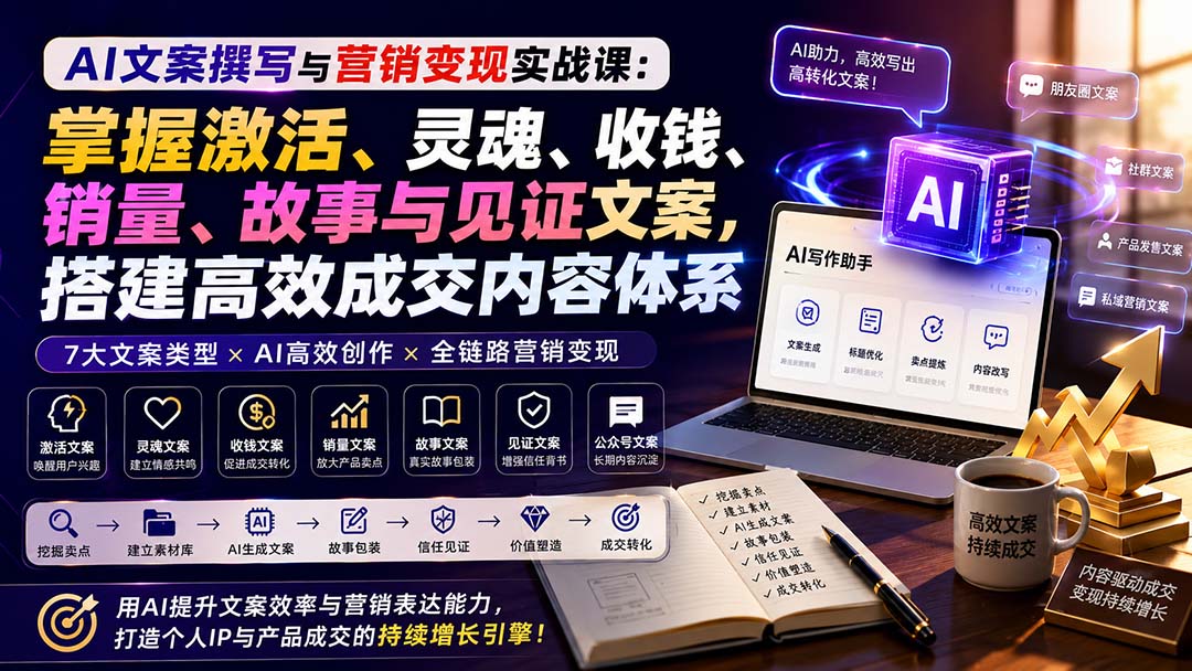 AI文案撰写与营销变现实战课：掌握激活、灵魂、收钱、销量、故事与见证文案，搭建高效成交内容体系-只做优质可落地项目