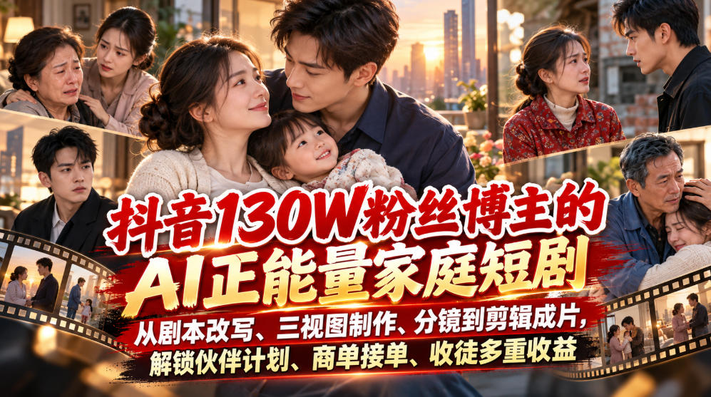 抖音130W粉丝博主的AI正能量家庭短剧，从剧本改写、三视图制作、分镜到剪辑成片，解锁伙伴计划、商单接单、收徒多重收益-只做优质可落地项目